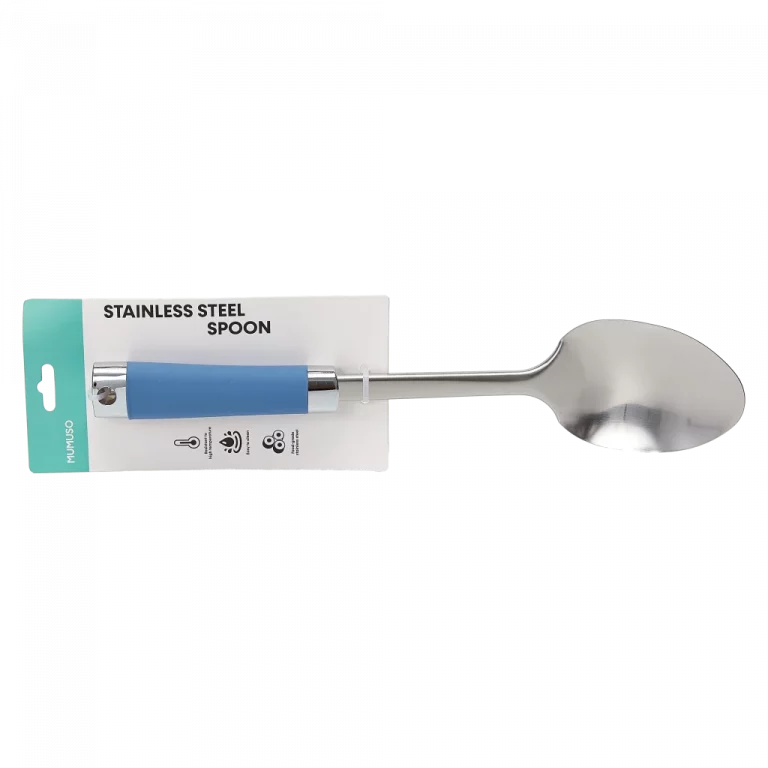 MUMUSO Edelstahl-Löffel mit ergonomischem Kunststoffgriff in Blau – Küchenzubehör für präzises Abmessen kleiner Mengen.