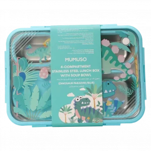 MUMUSO Edelstahl-Lunchbox für Kinder mit vier Fächern und Suppenschale, blau, mit Dinosaurier, ideal für Schule.