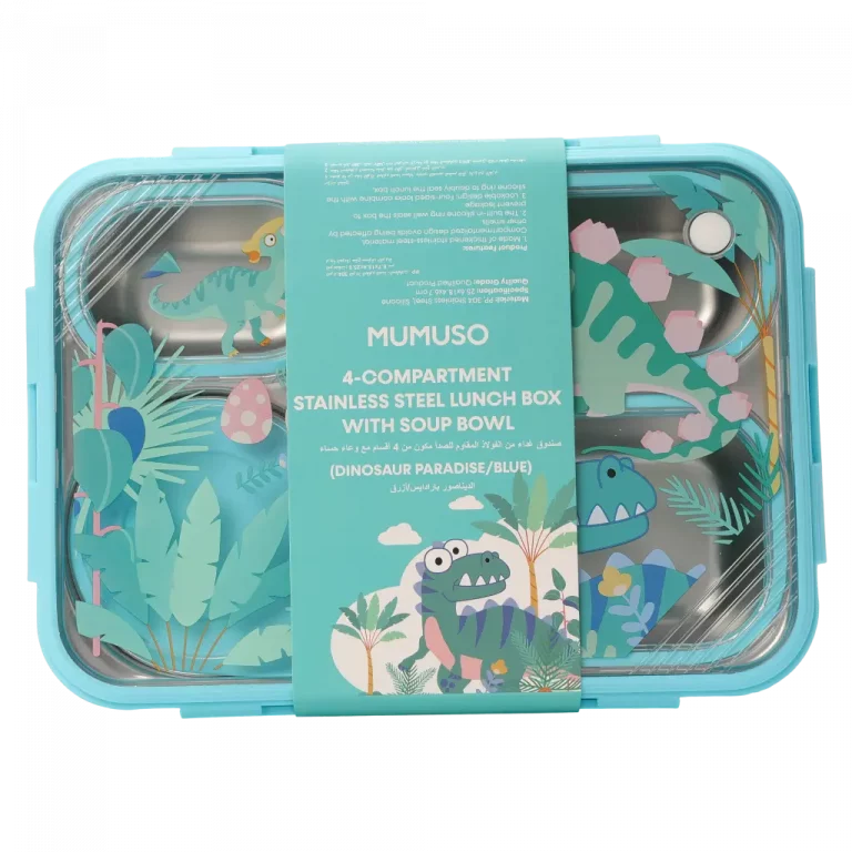 MUMUSO Edelstahl-Lunchbox für Kinder mit vier Fächern und Suppenschale, blau, mit Dinosaurier, ideal für Schule.