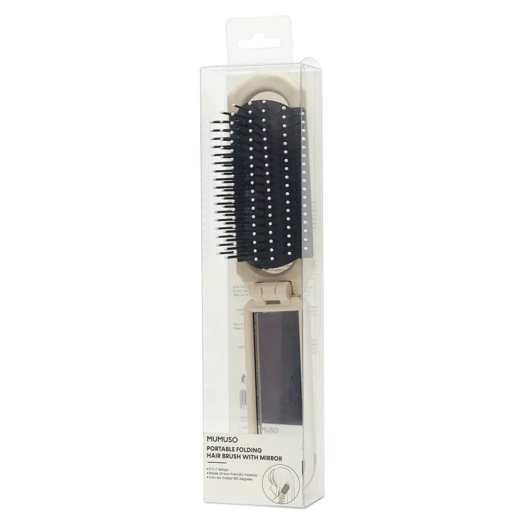 mumuso_faltbare_haarbuerste_kunststoff_spiegel_creme_schwarz.webp MUMUSO faltbare Haarbürste mit Spiegel aus Kunststoff, cremefarben und schwarz – praktische Reisebürste für unterwegs.