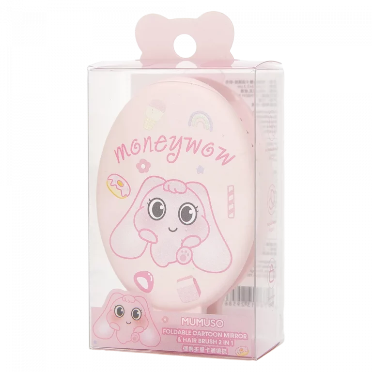 MUMUSO faltbarer Spiegel mit Haarbürste aus ABS, rosa, Cartoon-Print, kompakt – praktischer 2-in-1 Spiegel und Bürste.