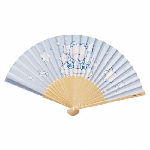 MUMUSO Faltfächer aus Naturmaterial mit floralem Print (Blau) – praktischer Handfächer für unterwegs und Sommer.