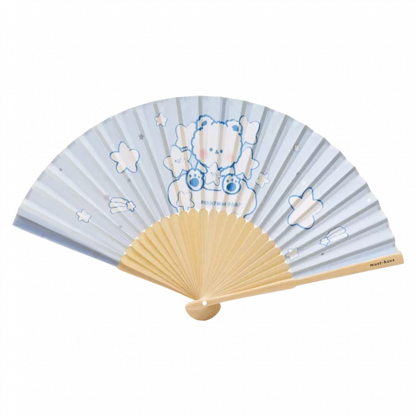 MUMUSO Faltfächer aus Naturmaterial mit floralem Print (Blau) – praktischer Handfächer für unterwegs und Sommer.