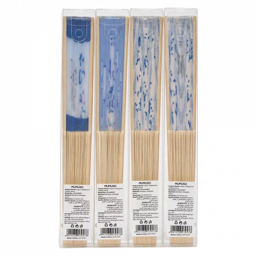 MUMUSO Faltfächer aus Naturmaterial mit floralem Print (Blau) – praktischer Handfächer für unterwegs und Sommer.