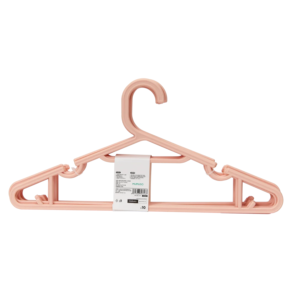 mumuso_flache_kleiderbuegel_polypropylen_rosa_10er-set_2.webp MUMUSO 10er-Set flache Kleiderbügel aus Polypropylen (Rosa) – praktische Kleiderbügel für Kleidung, platzsparend und robust.