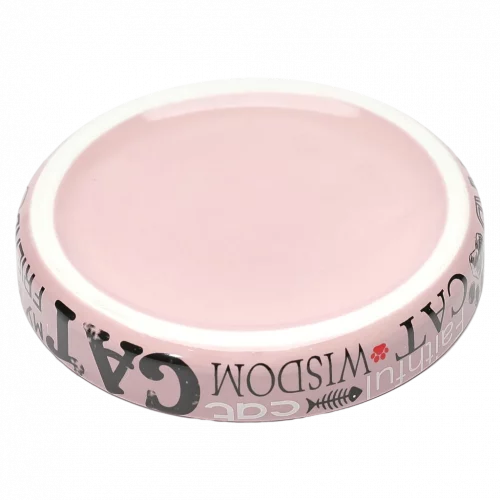 MUMUSO flacher Keramik-Futternapf für Katzen in Rosa mit Schriftzug, ideal als Katzen Futternapf und Futterschale für sensible Schnurrhaare.