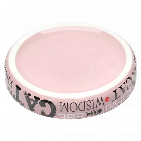 MUMUSO flacher Keramik-Futternapf für Katzen in Rosa mit Schriftzug, ideal als Katzen Futternapf und Futterschale für sensible Schnurrhaare.