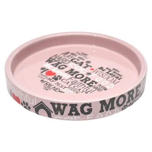 MUMUSO flacher Keramik-Futternapf für Katzen in Rosa mit Schriftzug, ideal als Katzen Futternapf und Futterschale für sensible Schnurrhaare.