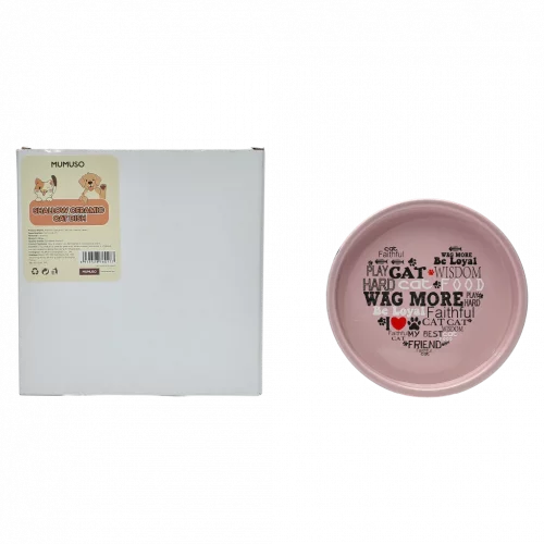 MUMUSO flacher Keramik-Futternapf für Katzen in Rosa mit Schriftzug, ideal als Katzen Futternapf und Futterschale für sensible Schnurrhaare.