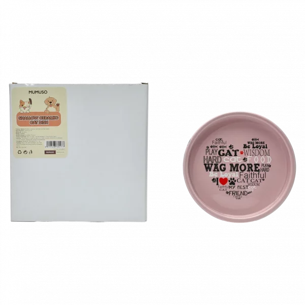 MUMUSO flacher Keramik-Futternapf für Katzen in Rosa mit Schriftzug, ideal als Katzen Futternapf und Futterschale für sensible Schnurrhaare.