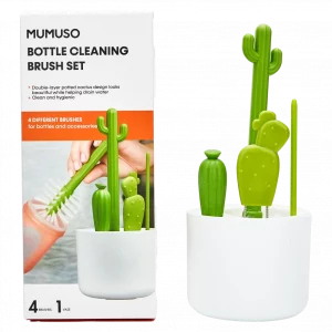 MUMUSO Flaschenbürsten-Set aus Kunststoff im Kaktus-Look, 4-teilig mit weißem Topf – praktisches Reinigungsbürstenset für die Küche.