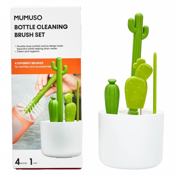 MUMUSO Flaschenbürsten-Set aus Kunststoff im Kaktus-Look, 4-teilig mit weißem Topf – praktisches Reinigungsbürstenset für die Küche.