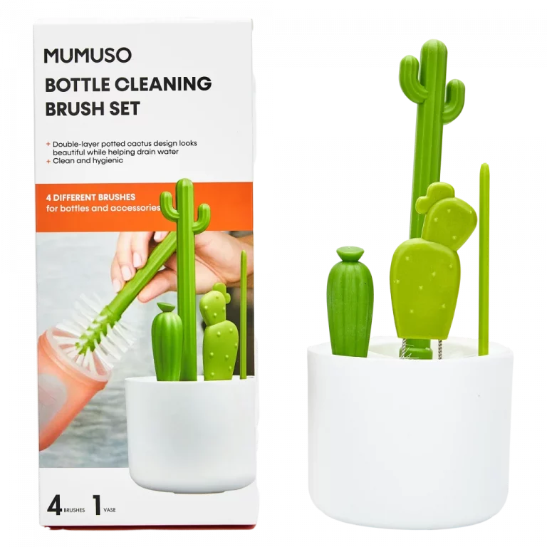MUMUSO Flaschenbürsten-Set aus Kunststoff im Kaktus-Look, 4-teilig mit weißem Topf – praktisches Reinigungsbürstenset für die Küche.