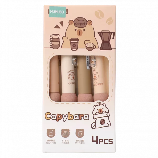 MUMUSO 4er-Set Gelstifte mit Capybara, beige Töne – hochwertige Gelstifte für kreative Notizen und Büro.