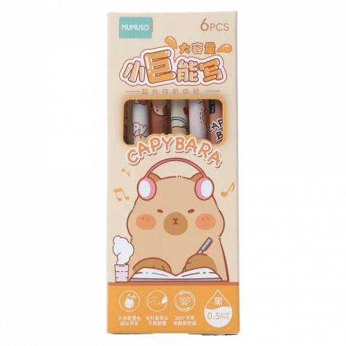 MUMUSO Gelstifte Set mit Capybara, 6-teilig, Plastikgehäuse – bunte Gelstifte für kreatives Schreiben und Schule.