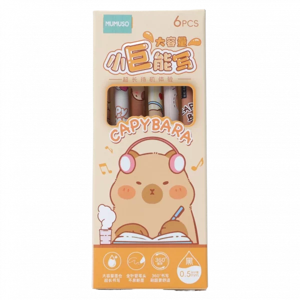 MUMUSO Gelstifte Set mit Capybara, 6-teilig, Plastikgehäuse – bunte Gelstifte für kreatives Schreiben und Schule.