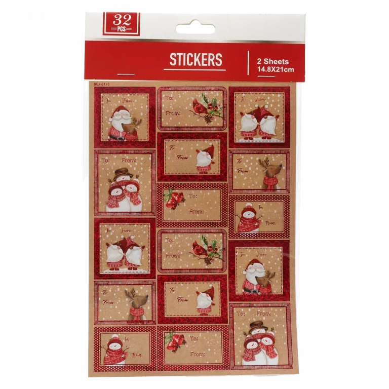 MUMUSO Geschenkanhänger Sticker Weihnachten, 32 Stück mit Folienprägung in Rot/Natur – dekorative Weihnachtssticker für Geschenke.
