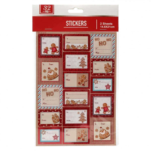 MUMUSO Geschenkaufkleber Weihnachten, 32 Stück, rot – Weihnachtssticker für Geschenke mit Lebkuchen und Sternen.