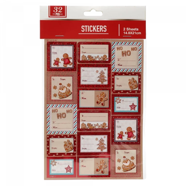 MUMUSO Geschenkaufkleber Weihnachten, 32 Stück, rot – Weihnachtssticker für Geschenke mit Lebkuchen und Sternen.