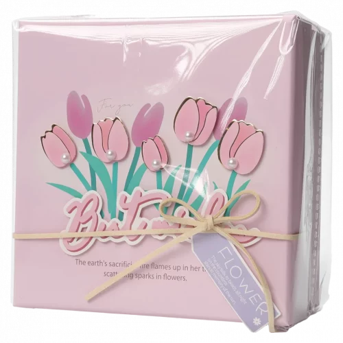 MUMUSO rechteckige Geschenkbox (M) mit Tulpen, rosa – elegante Geschenkverpackung für kleine Geschenke mit Blumenmuster.