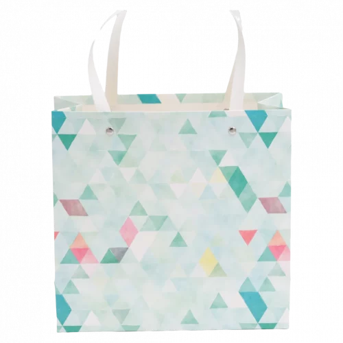 MUMUSO Geschenkpapier-Tasche klein mit geometrischem Print in Bunt – stabile Geschenktasche für kleine Geschenke.