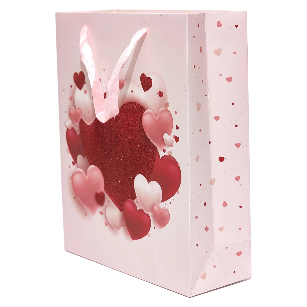 mumuso_geschenktasche_glitzerherz_mittel_rosa.webp MUMUSO Geschenktasche mit glitzerndem Herz-Print, mittelgroß und rosa – Geschenkverpackung für Geburtstage oder Valentinstag.