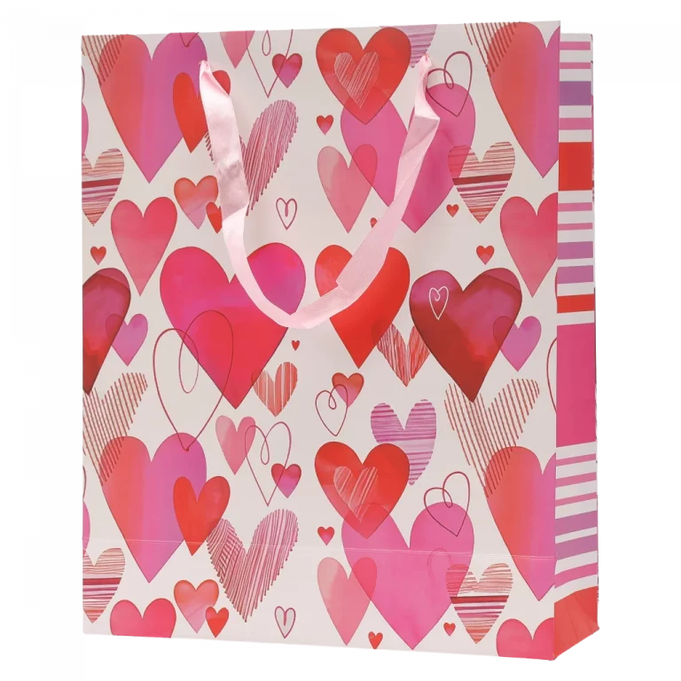 MUMUSO Geschenktasche mittel mit Herz, Papiertragetasche in Rosa für Geschenkverpackung zu Geburtstagen oder Anlässen.