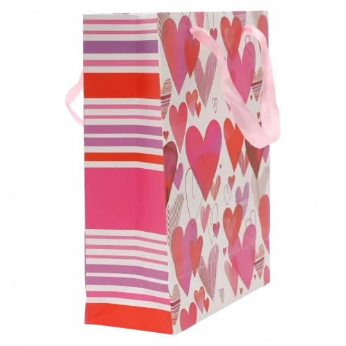 MUMUSO Geschenktasche aus Papier, klein, mit Herz-Print in Rot und Rosa – ideale Geschenktüte für romantische Anlässe.