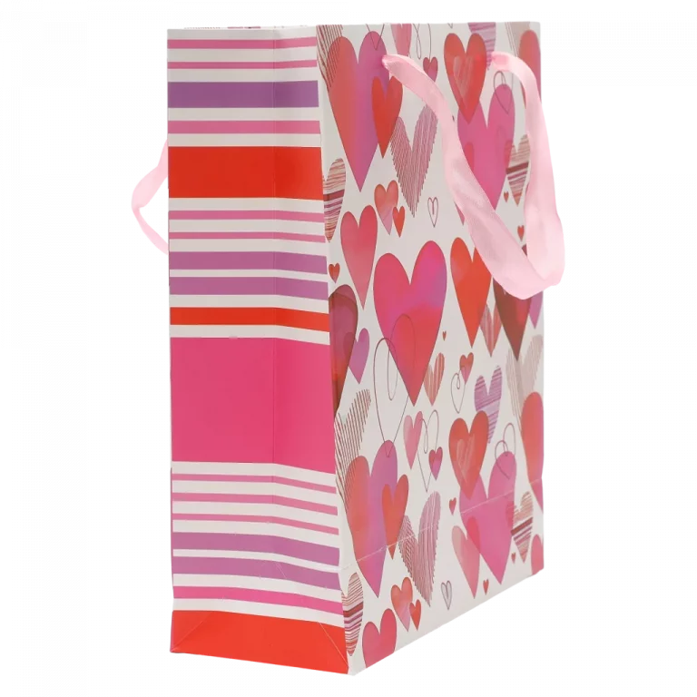 MUMUSO Geschenktasche aus Papier, klein, mit Herz-Print in Rot und Rosa – ideale Geschenktüte für romantische Anlässe.