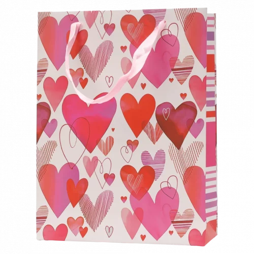MUMUSO Geschenktasche aus Papier, klein, mit Herz-Print in Rot und Rosa – ideale Geschenktüte für romantische Anlässe.