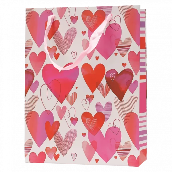 MUMUSO Geschenktasche aus Papier, klein, mit Herz-Print in Rot und Rosa – ideale Geschenktüte für romantische Anlässe.