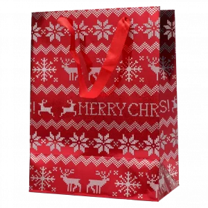 MUMUSO Geschenktasche für Weihnachten in Rot mit Schneeflocken und Rentieren – Geschenkverpackung für kleine Präsente.