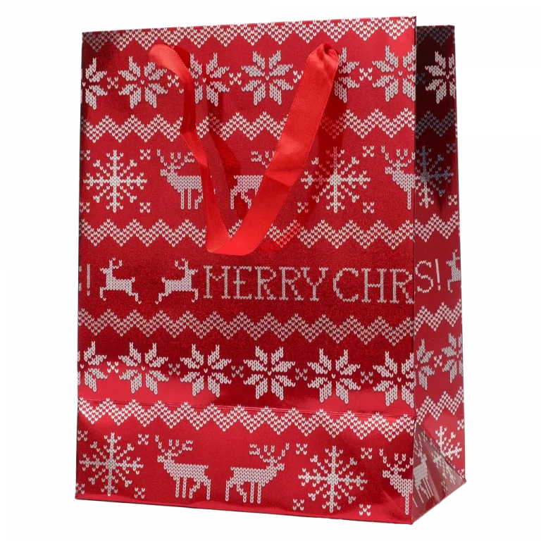 MUMUSO Geschenktasche für Weihnachten in Rot mit Schneeflocken und Rentieren – Geschenkverpackung für kleine Präsente.