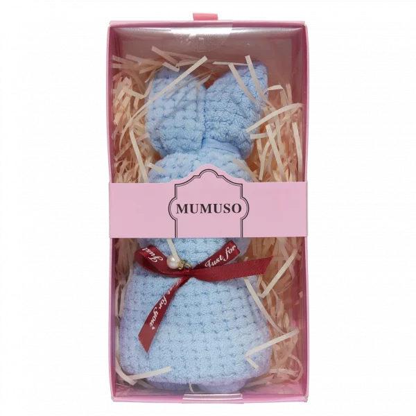 MUMUSO Gesichtshandtuch aus Coral Fleece als Hase, Geschenkbox (blau) – weiches Handtuch für empfindliche Haut.