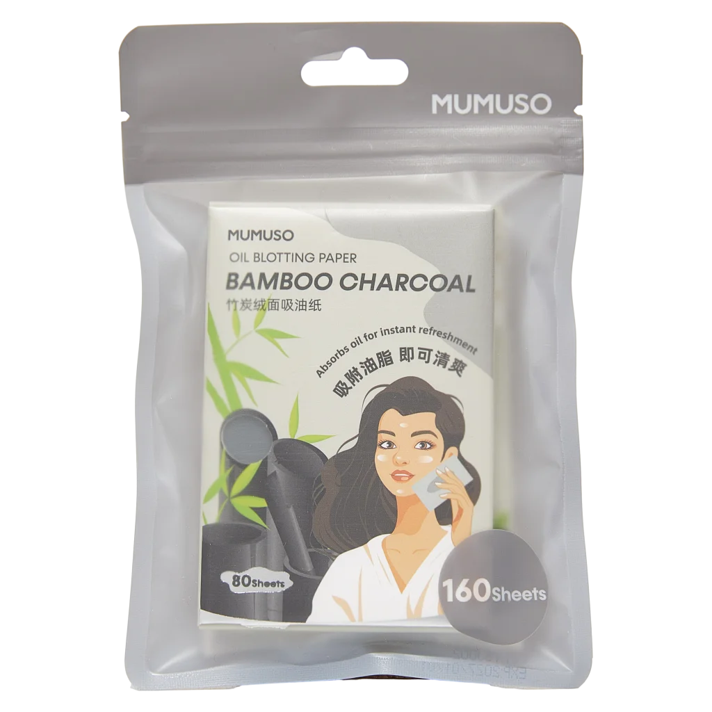 MUMUSO Gesichtspapier mit Bambus-Aktivkohle, 160 Blätter (Hellgrau) – Oil Control Papier für fettige Haut im praktischen Format.