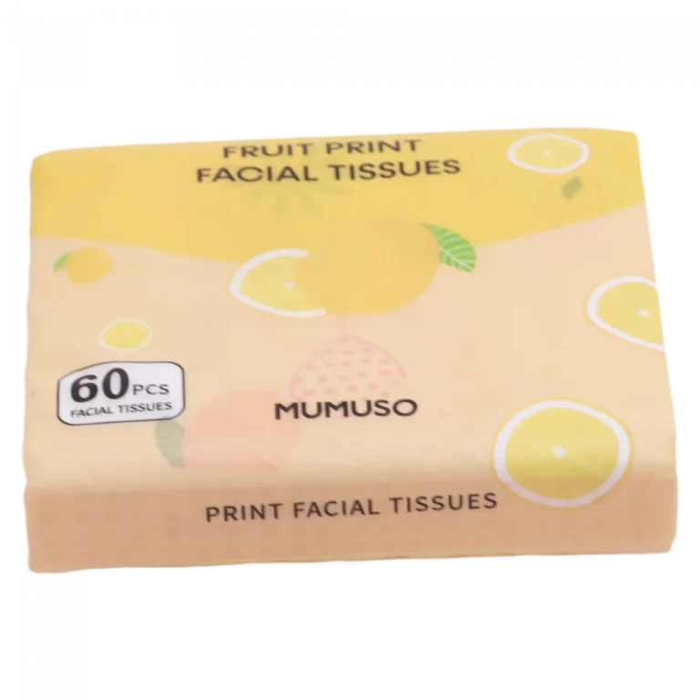 MUMUSO Gesichtstaschentücher aus Naturzellstoff, 60 Blatt, mit Frucht-Print (Zitrone) – sanfte Pflege, ideal für unterwegs.