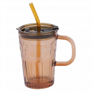 MUMUSO Glas-Tasse aus Natrium-Calcium-Glas, 450 ml (Braun) – Glas-Tasse mit Strohhalm, ideal für kalte Getränke.