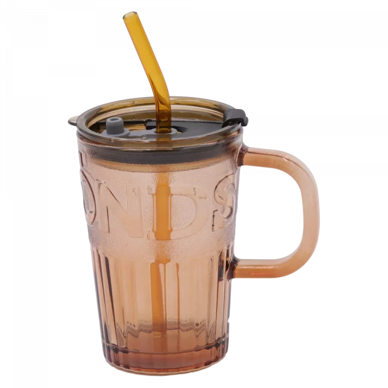 MUMUSO Glas-Tasse aus Natrium-Calcium-Glas, 450 ml (Braun) – Glas-Tasse mit Strohhalm, ideal für kalte Getränke.