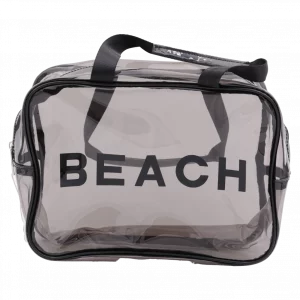 MUMUSO Kulturtasche aus Stoff-PVC in Schwarz, transparent mit BEACH-Print – große Reisetasche für Pflegeprodukte.