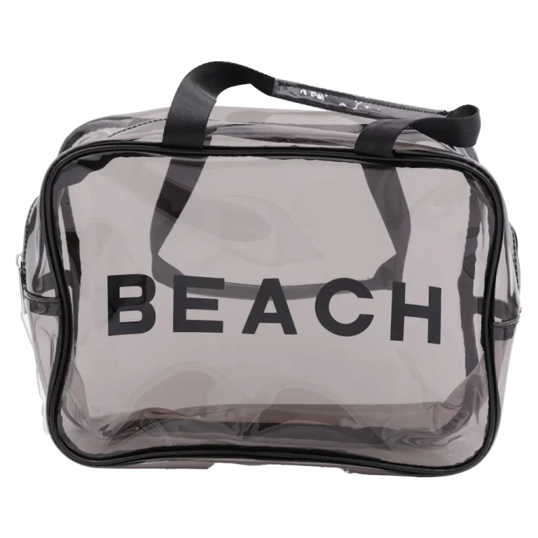 MUMUSO Kulturtasche aus Stoff-PVC in Schwarz, transparent mit BEACH-Print – große Reisetasche für Pflegeprodukte.