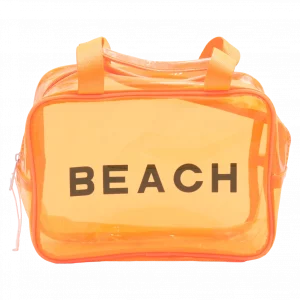 MUMUSO Kosmetiktasche groß aus PVC in Orange mit Beach-Print – praktische, transparente Tasche für Reisen oder Strand.