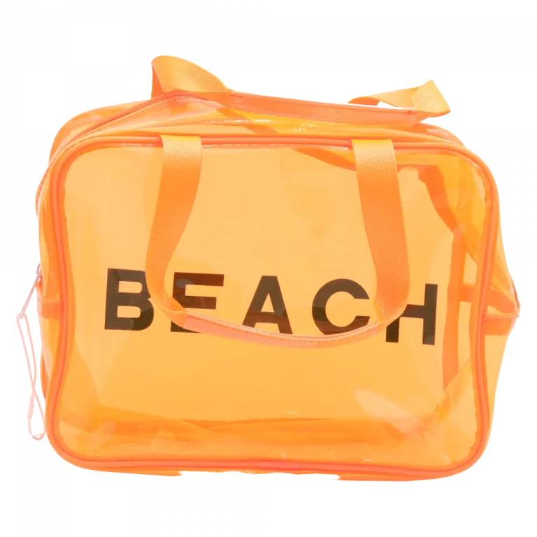 MUMUSO Kosmetiktasche groß orange aus PVC – transparente Reisetasche mit „BEACH“ Aufdruck, ideal für Kosmetikaufbewahrung.