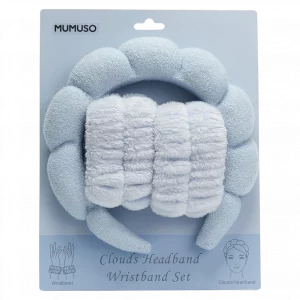 MUMUSO Haarband und Armband Set aus 100% Polyester, blau/weiß – praktisches Badaccessoire für Abschminken oder Gesichtspflege.