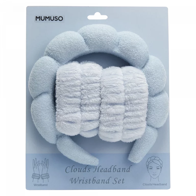 MUMUSO Haarband und Armband Set aus 100% Polyester, blau/weiß – praktisches Badaccessoire für Abschminken oder Gesichtspflege.
