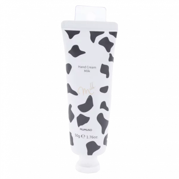 MUMUSO Handcreme mit Milch-Formel, 50 g, im schwarz-weißen Kuhfleckenmuster – feuchtigkeitsspendende Handpflege für trockene Haut.