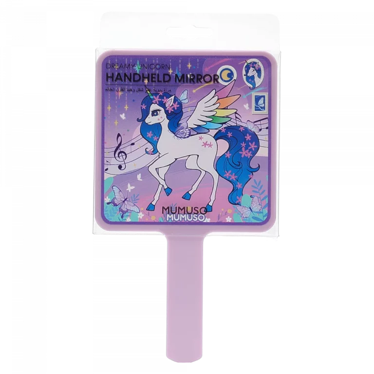 MUMUSO Handspiegel aus Kunststoff mit Einhorn, lila – tragbarer Kinderspiegel mit Einhorn für zuhause und unterwegs.