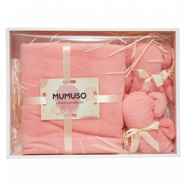 MUMUSO Handtuch-Set aus Polyester mit Bär, Geschenkbox, rosa – weiches Badetuch mit Gesichtstüchern für Badezimmer.