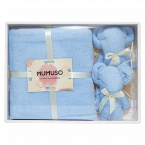 MUMUSO Handtuch Geschenkset mit Bär, aus Polyester, 3-teilig, blau – ideales Badetuch Set für Kinder als Geschenk.