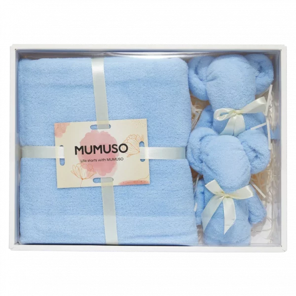 MUMUSO Handtuch Geschenkset mit Bär, aus Polyester, 3-teilig, blau – ideales Badetuch Set für Kinder als Geschenk.