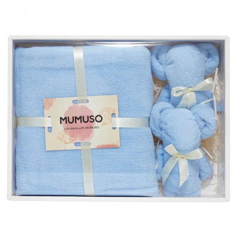 MUMUSO Handtuch Geschenkset mit Bär, aus Polyester, 3-teilig, blau – ideales Badetuch Set für Kinder als Geschenk.
